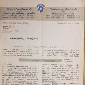 Zpráva ze soukromé jazykové školy o prospěchu M. Oliče ve výuce němčiny (1943)