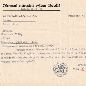Cesta učitele M. Oliče z Křivoklátu přes Nový Knín na Dobříš (1952-1953)
